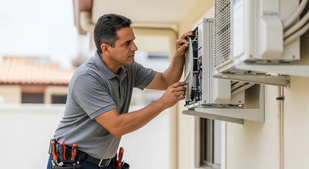 Técnico de Aires Acondicionados en Barranquilla haciendo mantenimiento preventivo