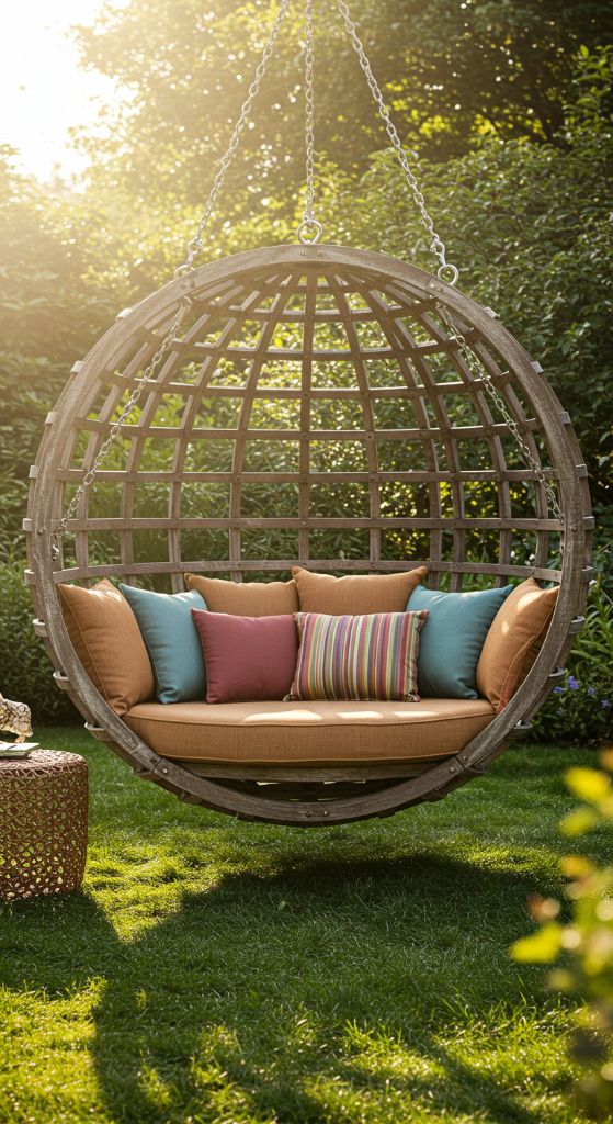 Wooden bench swing surrounded by sunflowers and lavender