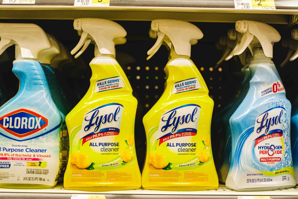 Plastic cleaning products commonly found in stores
