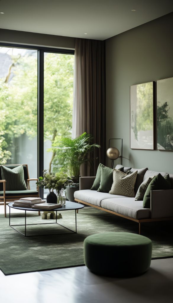 Light, contemporary living room with sage sofa and minimalist design
