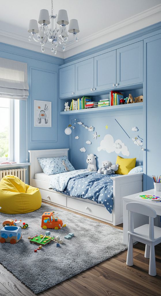 Bright blue bedroom with storybook-themed decor