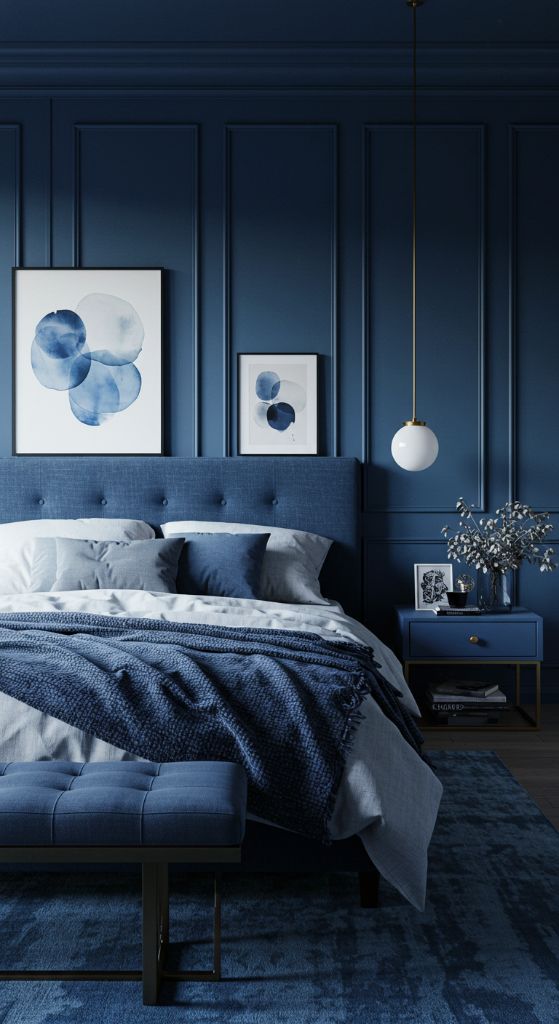 Deep Navy Bedroom with White Bedding
