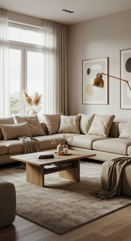 Beige L-shaped sectional with recessed lighting and modern coffee table