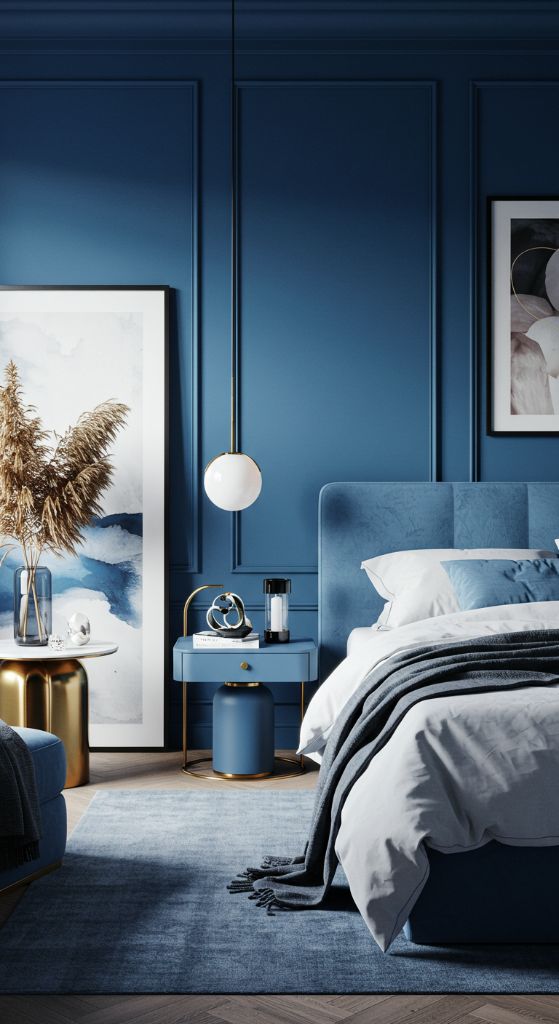 Deep Blue Bedroom with Vertical Panel Walls