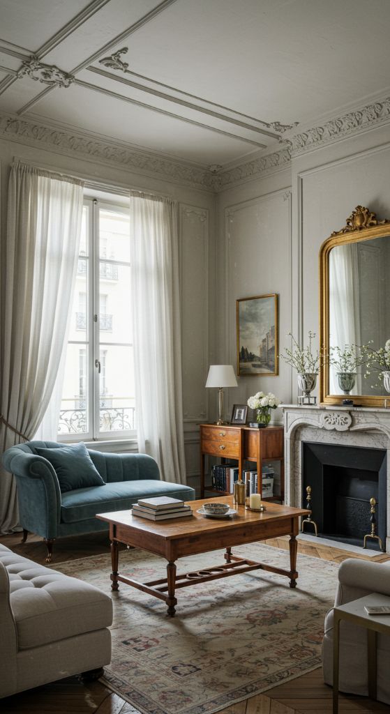 Blue velvet chaise in a light-filled Parisian room