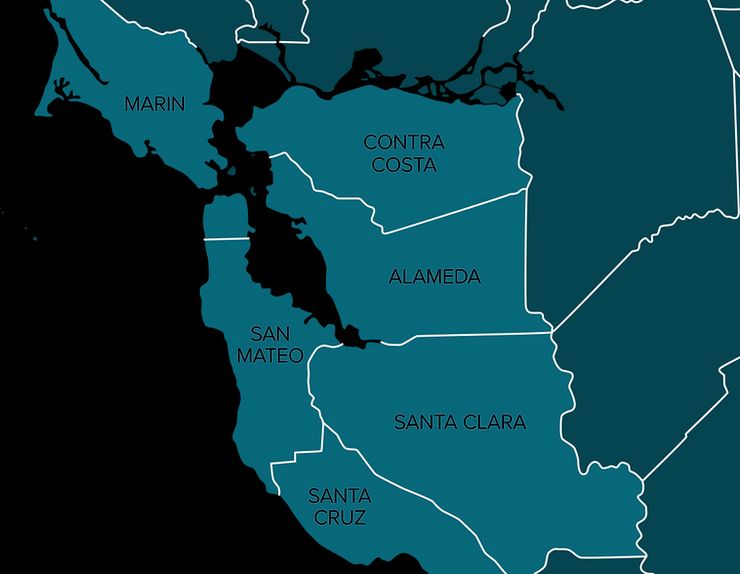 Service coverage map showing San Francisco Bay Area locations