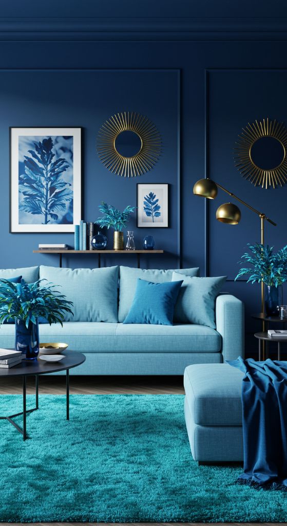 Dark Blue Living Room with Gold Accents