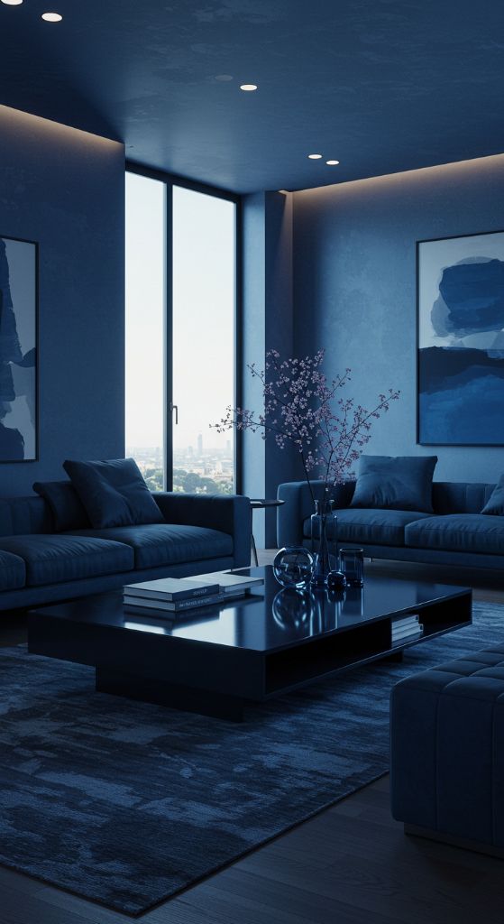 Deep Blue Living Room with City View