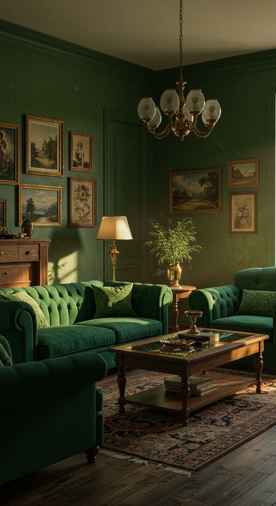 Victorian-styled room with tufted emerald sofas, chandelier and classic art
