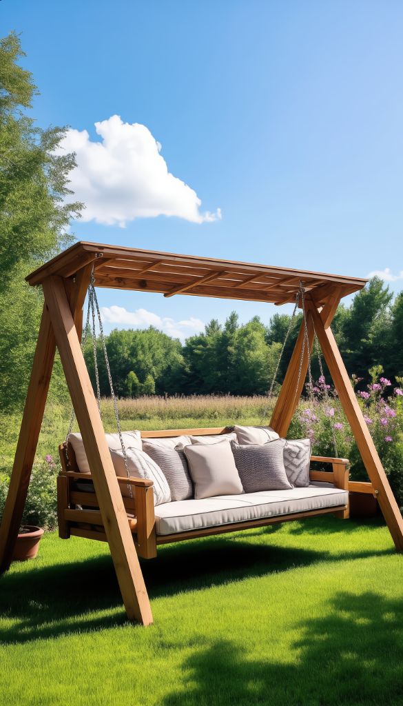 Modern wooden swing with white cushions and pillows in an open landscape
