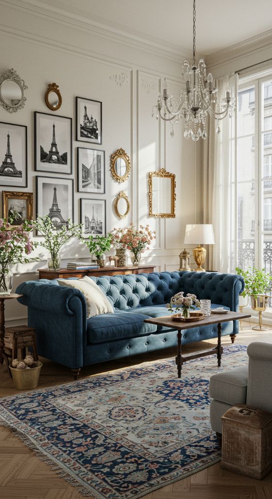 Blue armchairs flanking a wooden coffee table