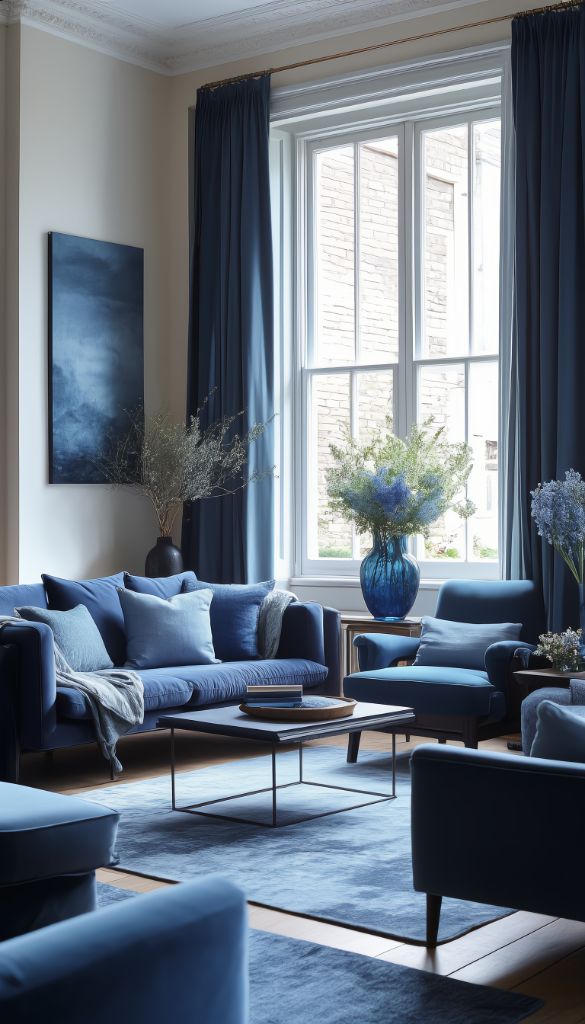 Blue Living Room with Large Windows