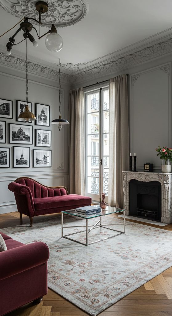 Burgundy velvet chaise in a Parisian living room