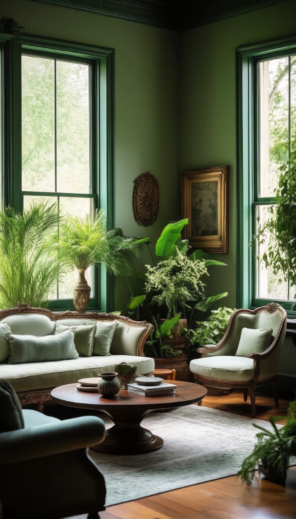 Elegant room with traditional furniture and abundant plants by tall windows