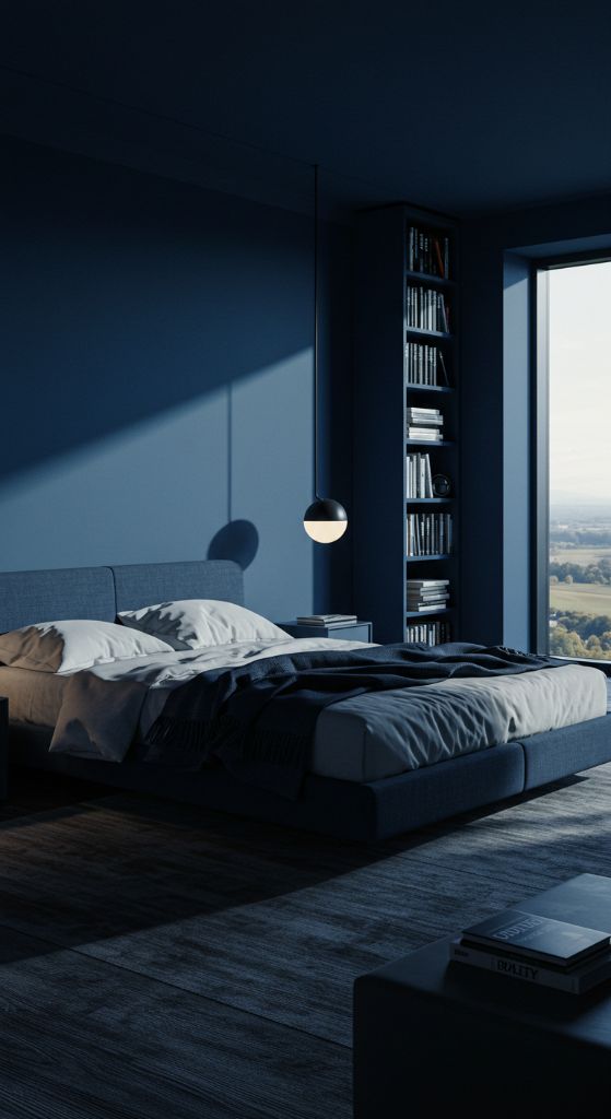 Bright Blue Bedroom with Bookshelves