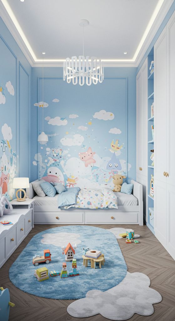 Blue bedroom with cloud mural and soft details