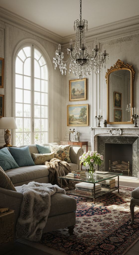 Blue velvet sofa in a room with portrait gallery