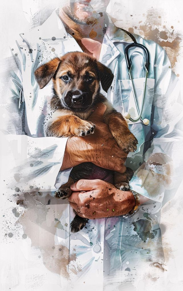 수의사가 강아지를 안전하고 전문적으로 돌보는 따뜻한 장면