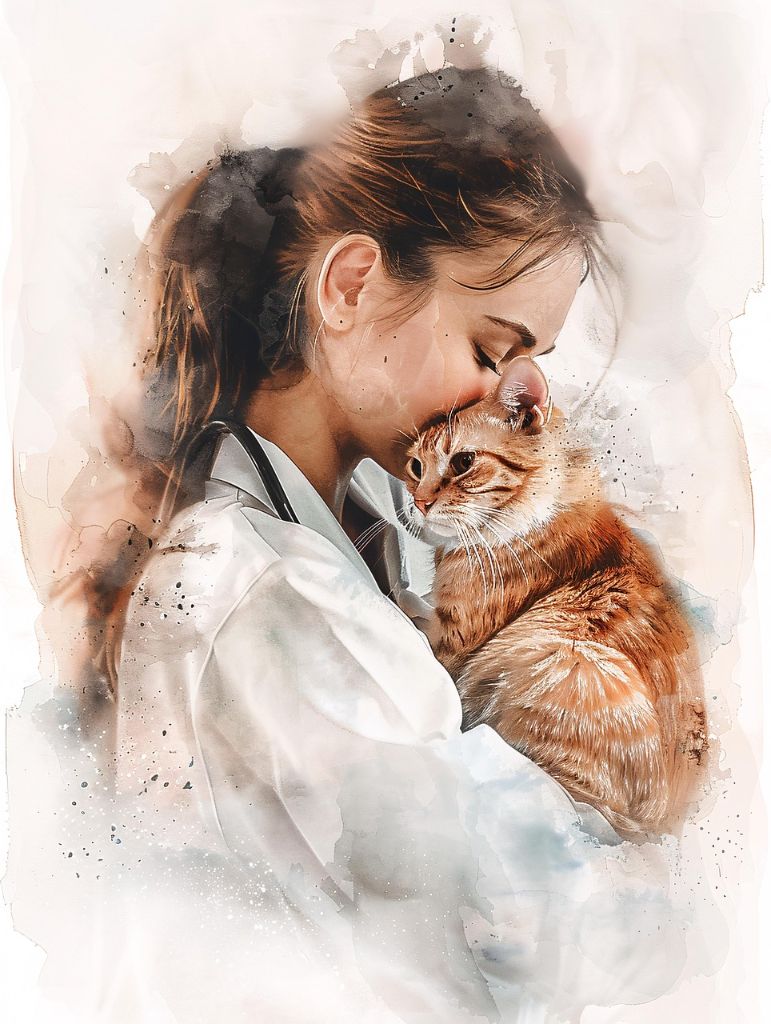 수의사가 고양이를 따뜻하게 보살피는 감동적인 수채화 이미지