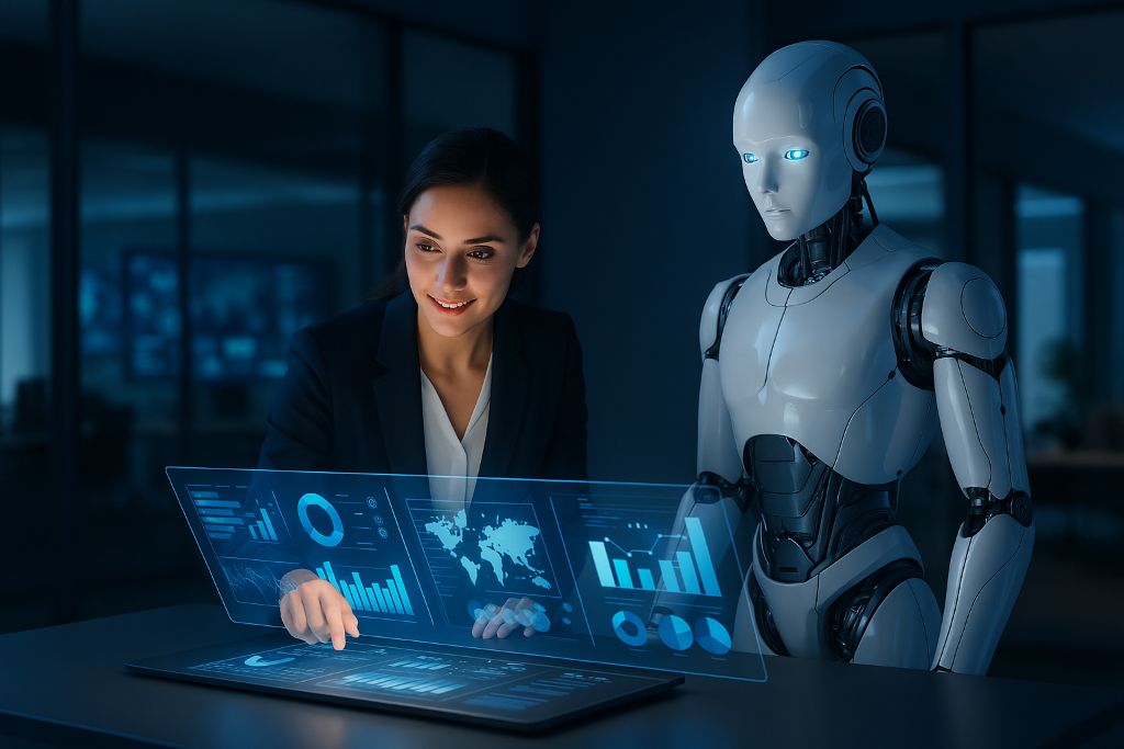 AI Robot and Human Collaborating with Holographic Interface