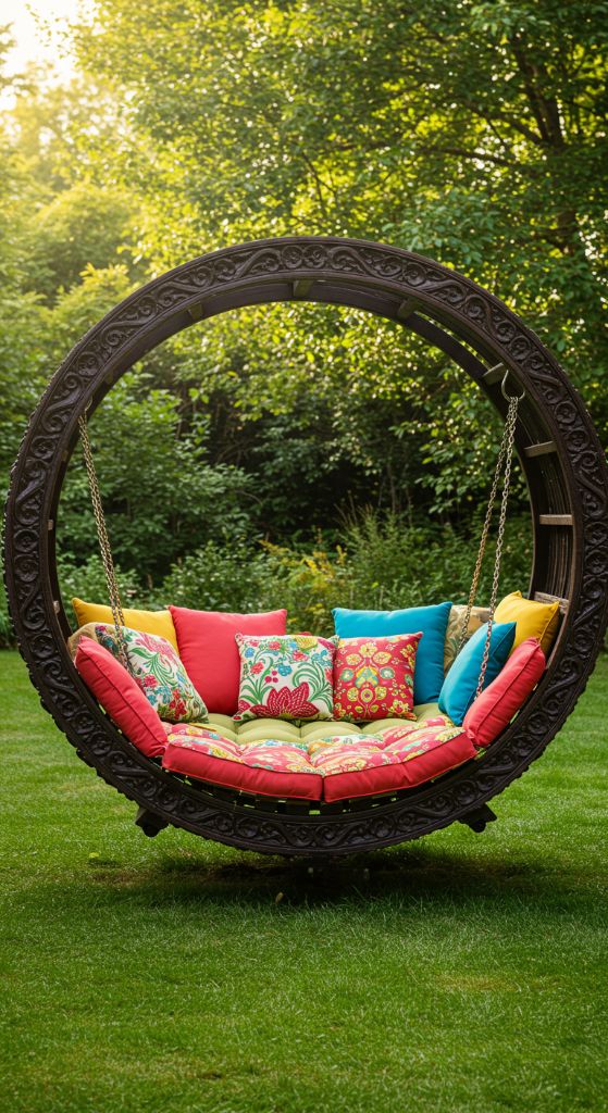 Weathered wooden bench swing surrounded by pink hydrangeas