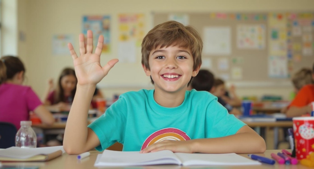 Glücklicher Schüler im Klassenzimmer