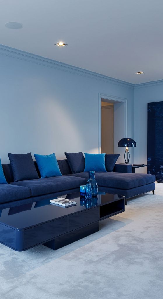 Dark blue room with modern sofa and dramatic lighting