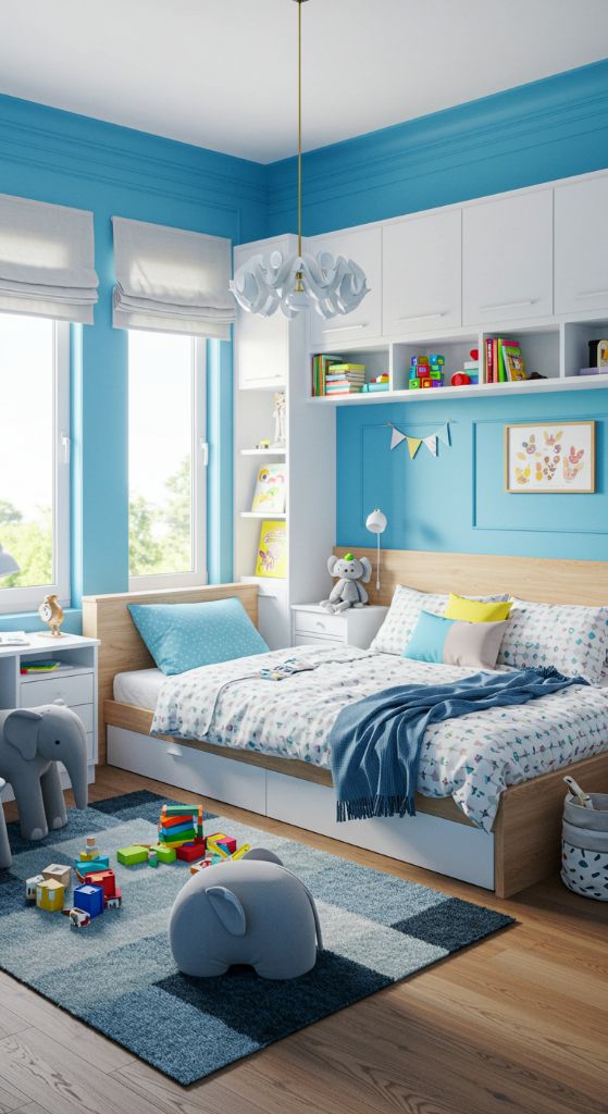 Bright blue bedroom with yellow accents
