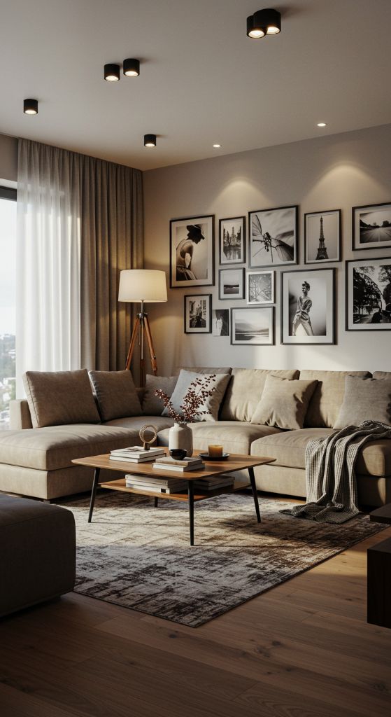 Light beige sectional with modern brass lighting in bright room
