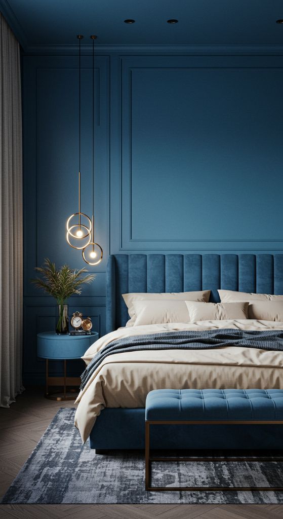 Dark Blue Bedroom with Gold Pendant Lights