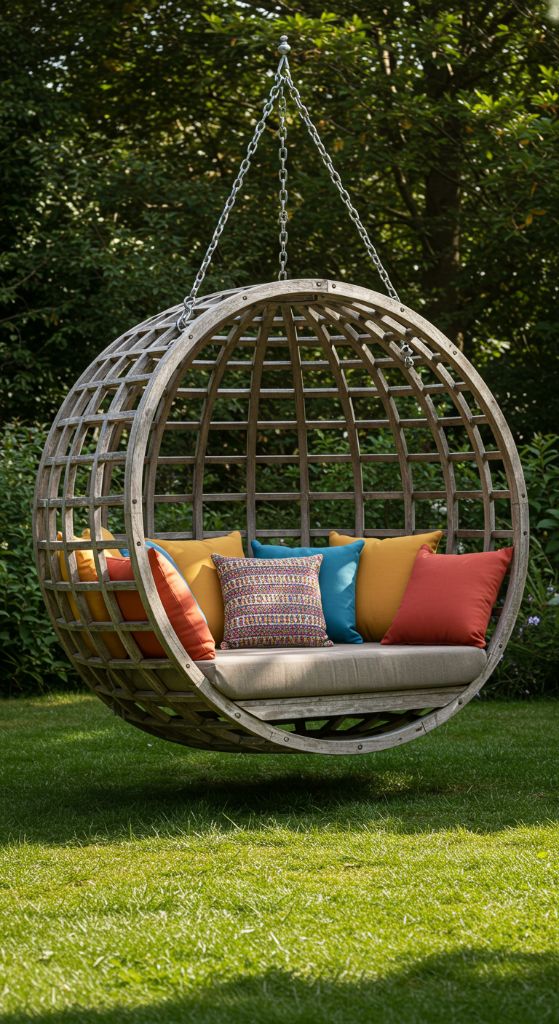 Wooden sphere-shaped hanging swing with colorful cushions