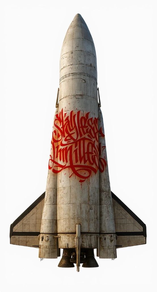 Weathered metallic rocket with red graffiti-style text standing upright on launch pad