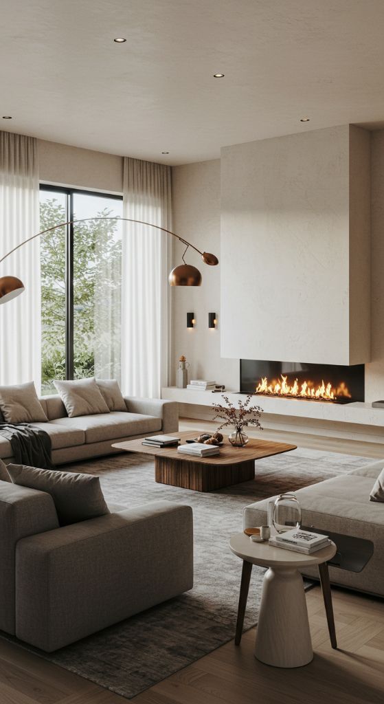 Contemporary living room with wide linear fireplace and neutral furnishings