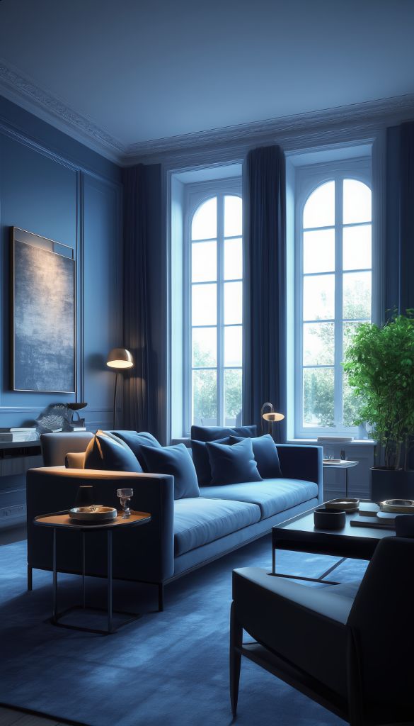 Elegant living room with blue walls and arched windows
