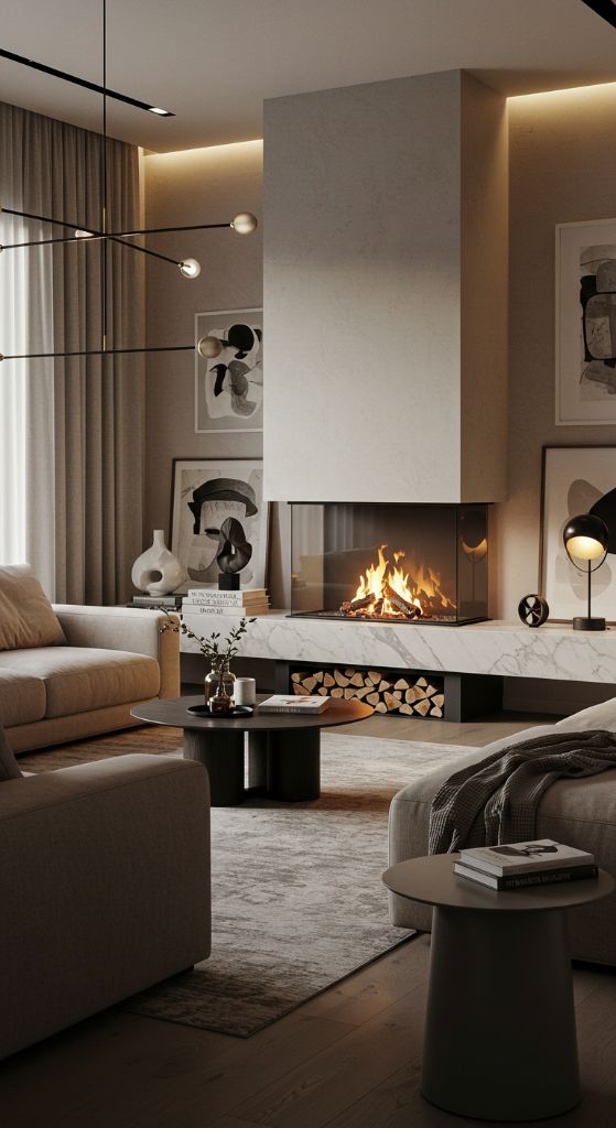 Living room with multi-level lighting including cove lighting