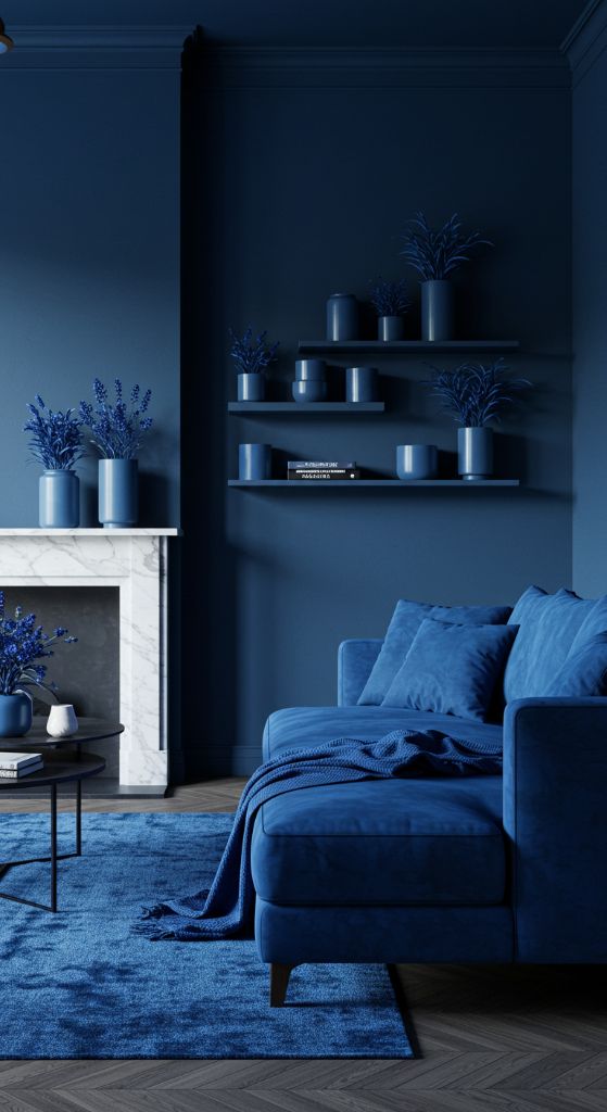 Blue Living Room with Matching Shelves