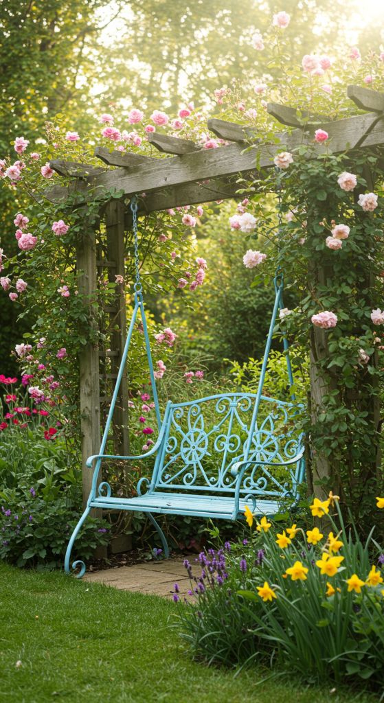 Dark circular ornate swing with colorful cushions