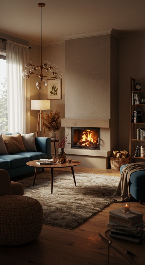 Living room with modern pendant light and corner fireplace