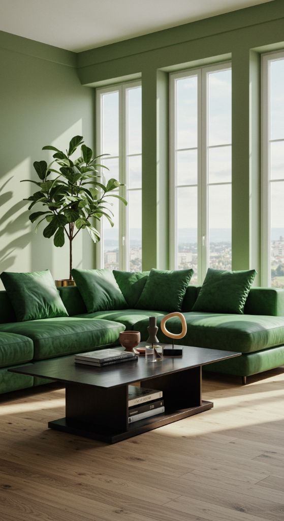 Green monochromatic living room with floor-to-ceiling windows