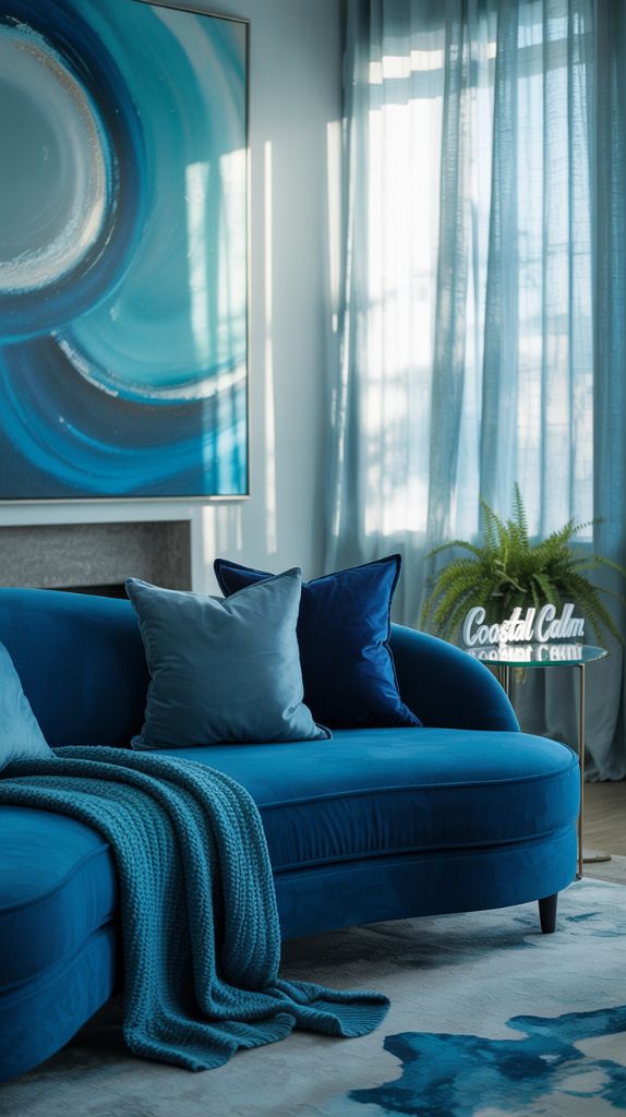 Blue sofa with coastal-themed decor and "Coastal Calm" sign