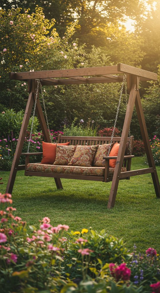 Wooden swing with patterned cushions at golden hour
