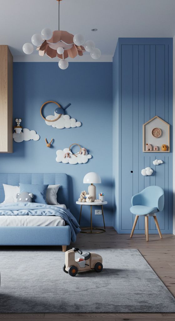 Blue bedroom with cloud decorations and modern lighting