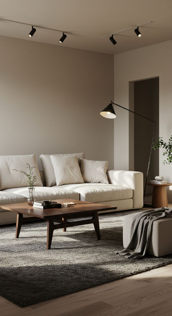 Minimalist living room with beige sofa and track lighting