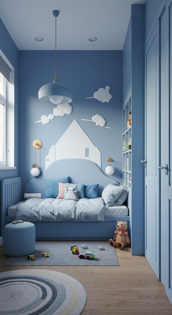 Simple blue bedroom with cloud motifs