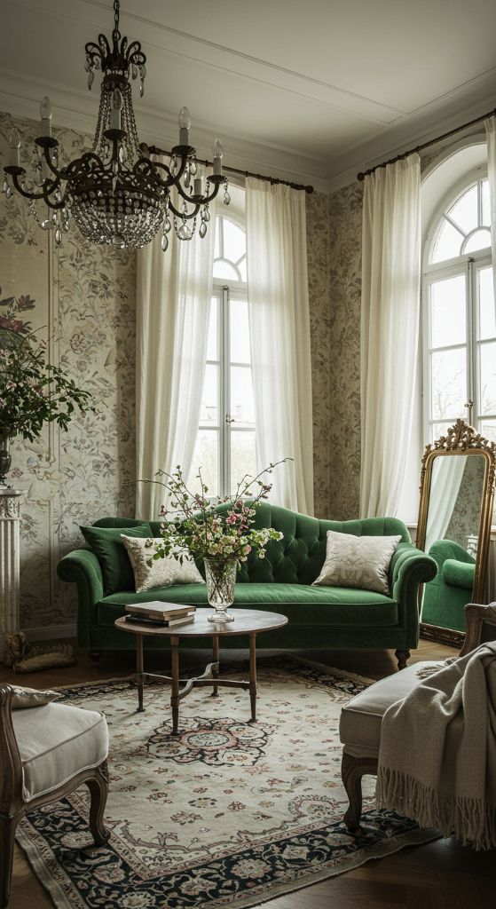 Living room with cream furniture and blue accents