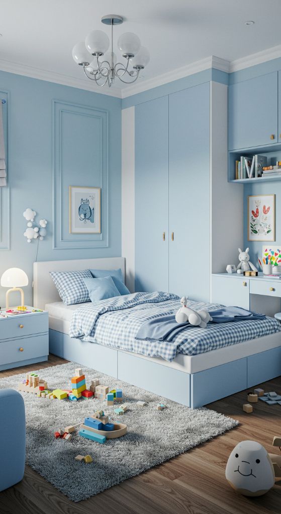 Traditional blue bedroom with checkered bedding