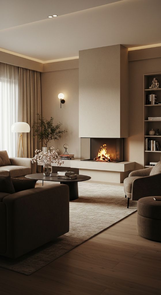 Elegant living room with contemporary fireplace and neutral furnishings