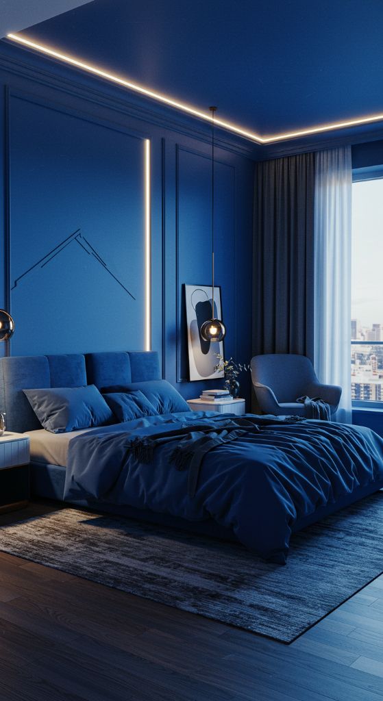 Dark Blue Bedroom with LED Lighting
