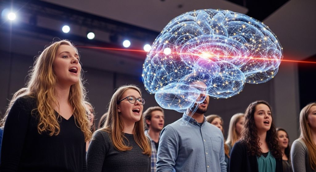 Group with illuminated brain visualization representing collective cognitive enhancement