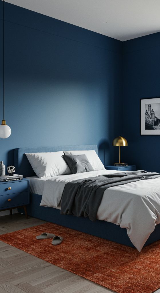 Navy Bedroom with Orange Rug